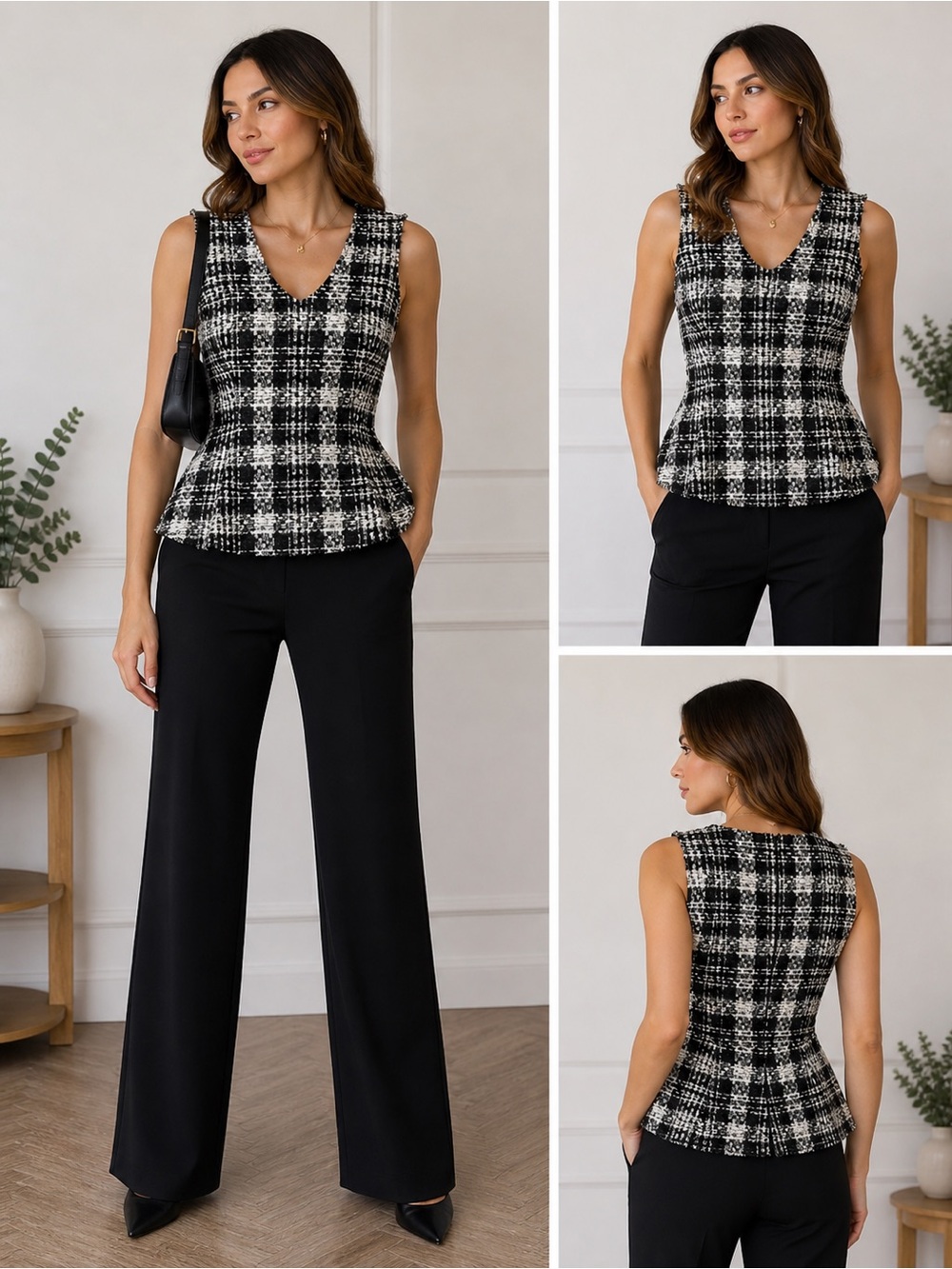 Theory Black and White Tweed Plaid Peplum Sculpted Structure Size M